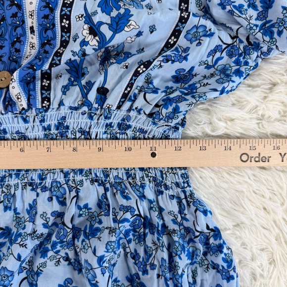 Seven Islands Blue Floral Boho Maxi Dress XL Short Sleeve Smocked Waist Rayon - Picture 8 of 12